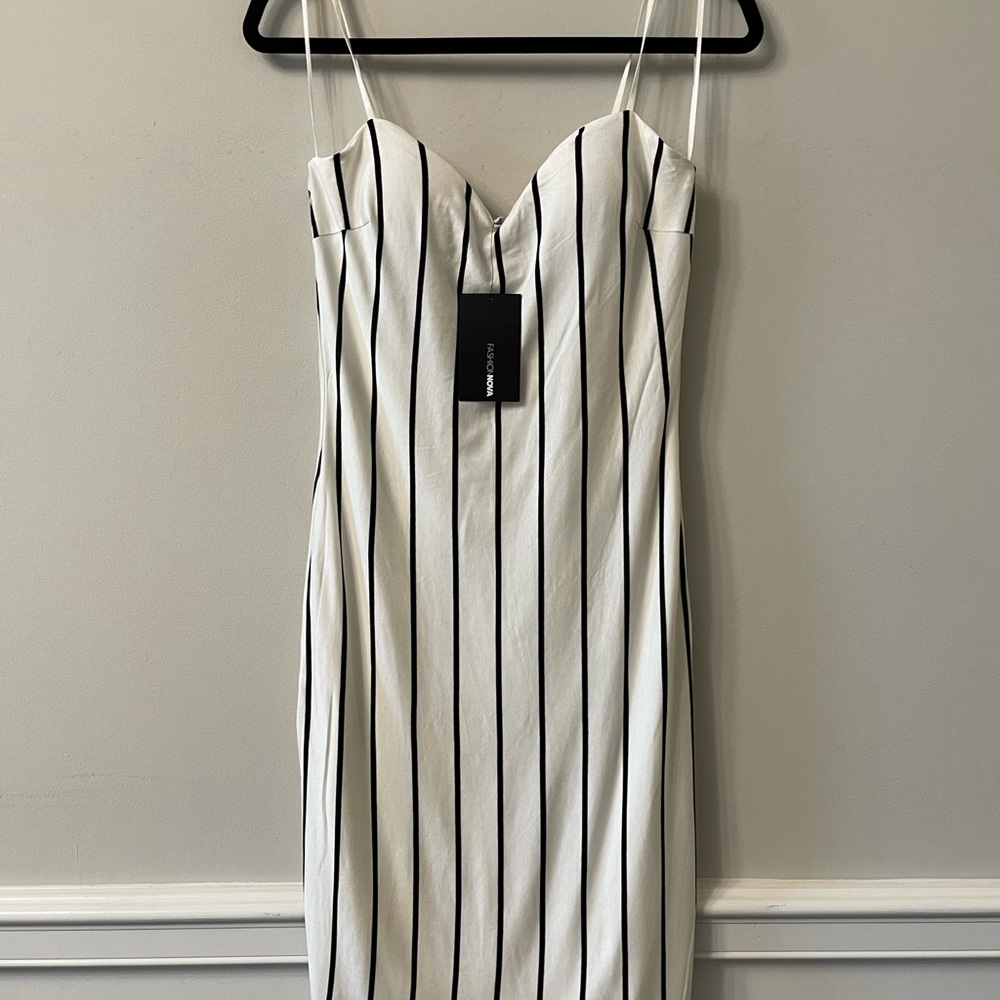 Black and white knit midi dress.